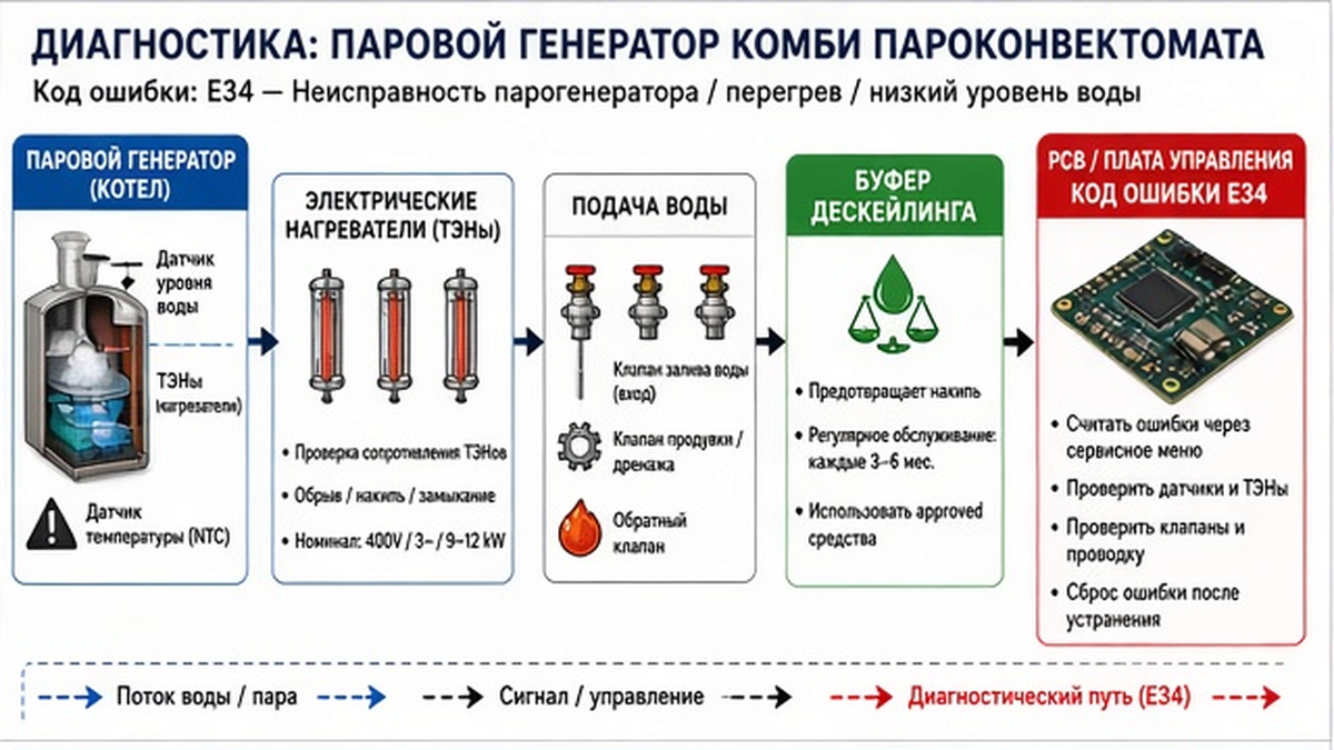 Техническая схема диагностики парогенератора и ТЭНов пароконвектомата при ошибке E34