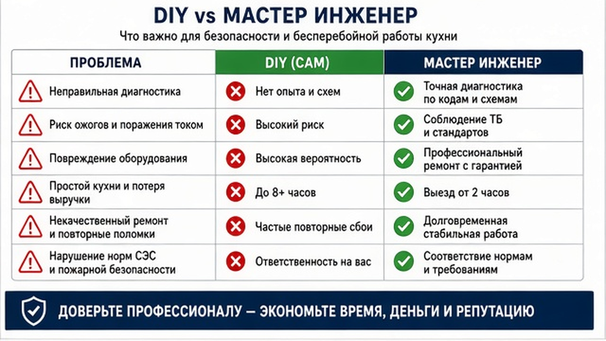 Сравнение самостоятельных действий персонала ресторана и профессионального ремонта инженером